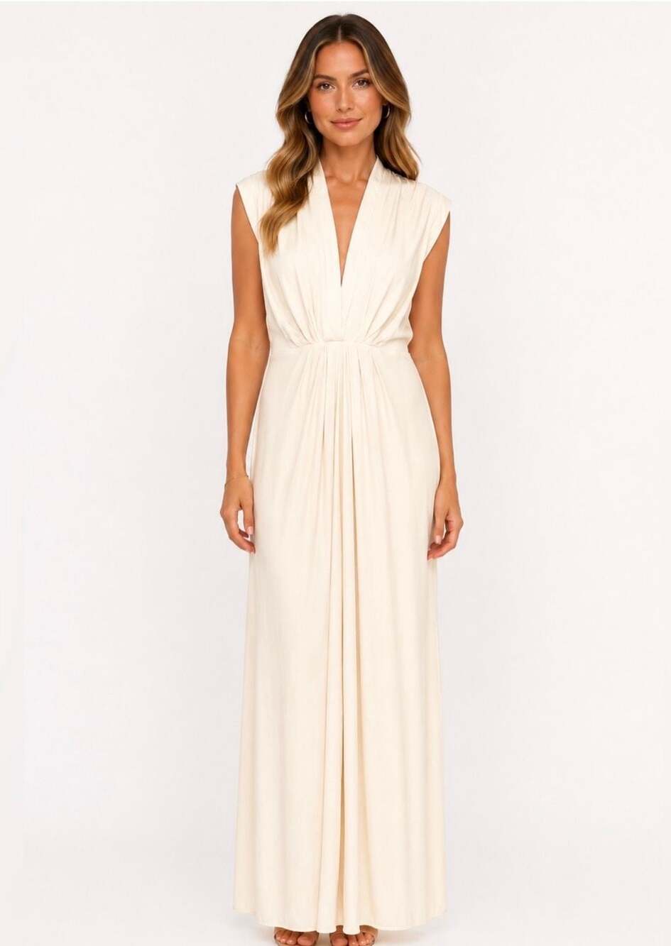 Anthropologie Sleeveless V-Neck Twist-Front Satin Maxi Dress in Champagne